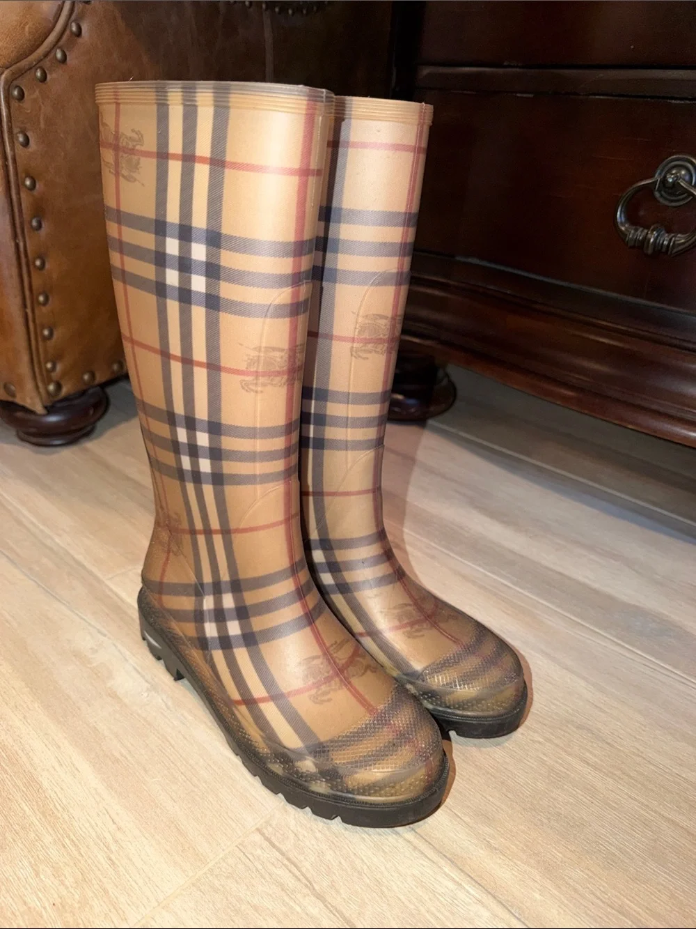 Burberry Tan Plaid Tall Rain Boots - Picture 1 of 6